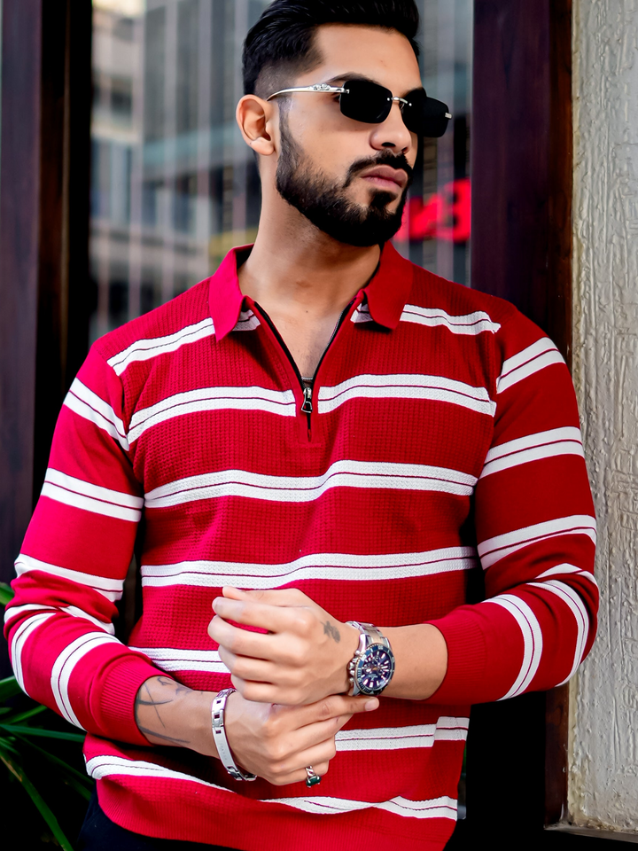 Red Zipper Flat Knit Polo T-shirt