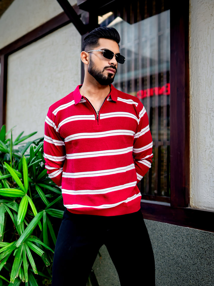 Red Zipper Flat Knit Polo T-shirt