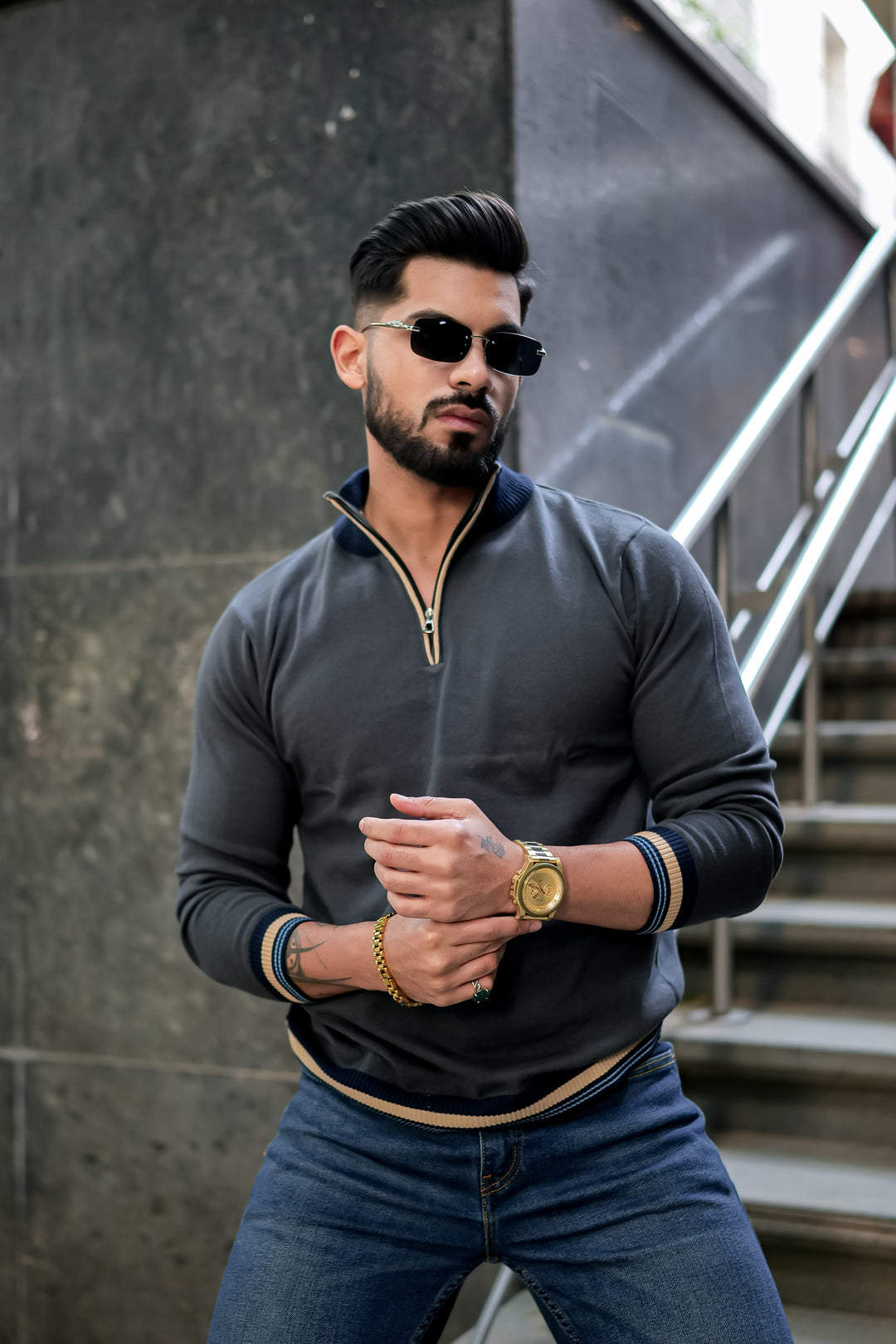 Grey Flat Knit Zipper Pullover