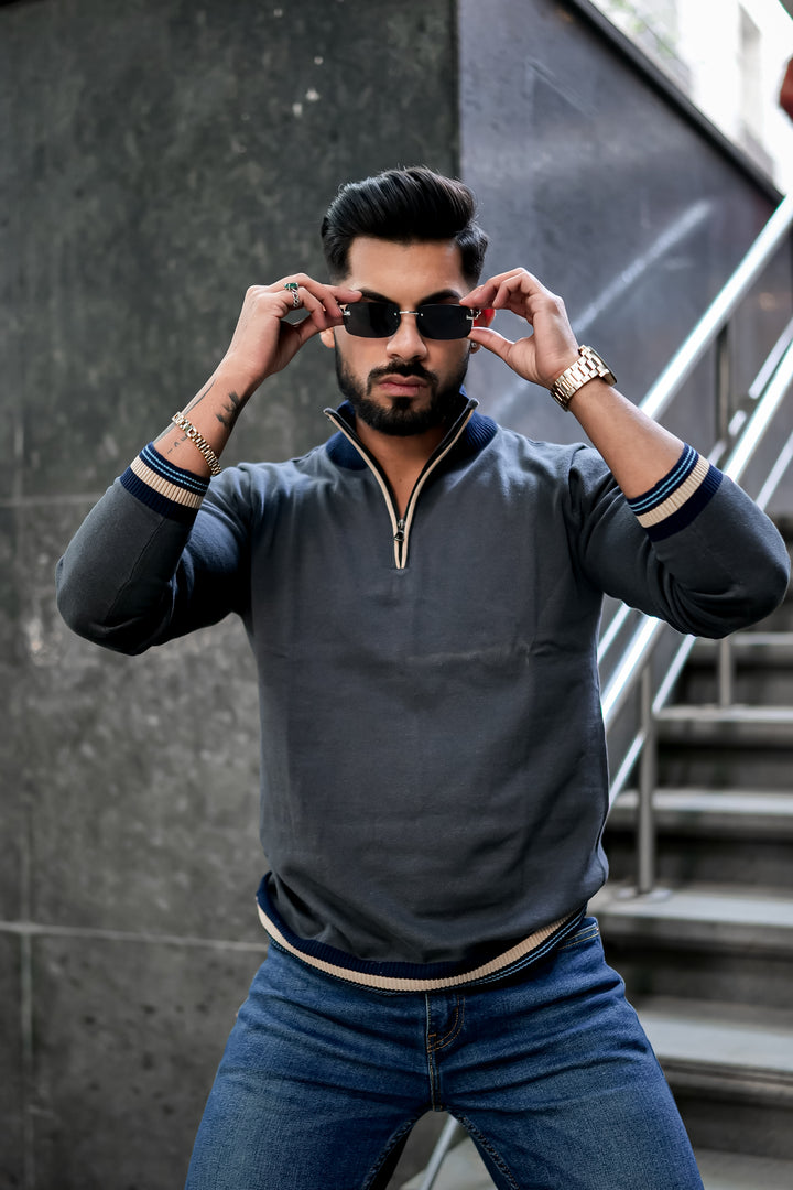 Grey Flat Knit Zipper Pullover