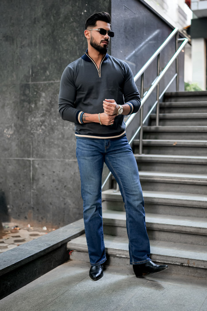 Grey Flat Knit Zipper Pullover