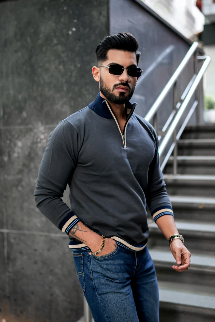 Grey Flat Knit Zipper Pullover
