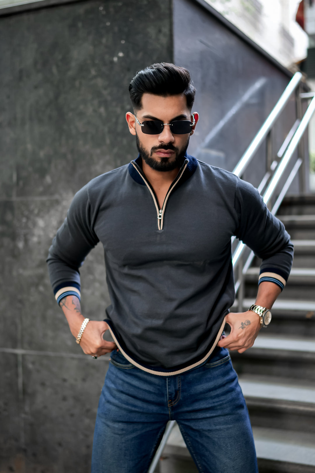 Grey Flat Knit Zipper Pullover