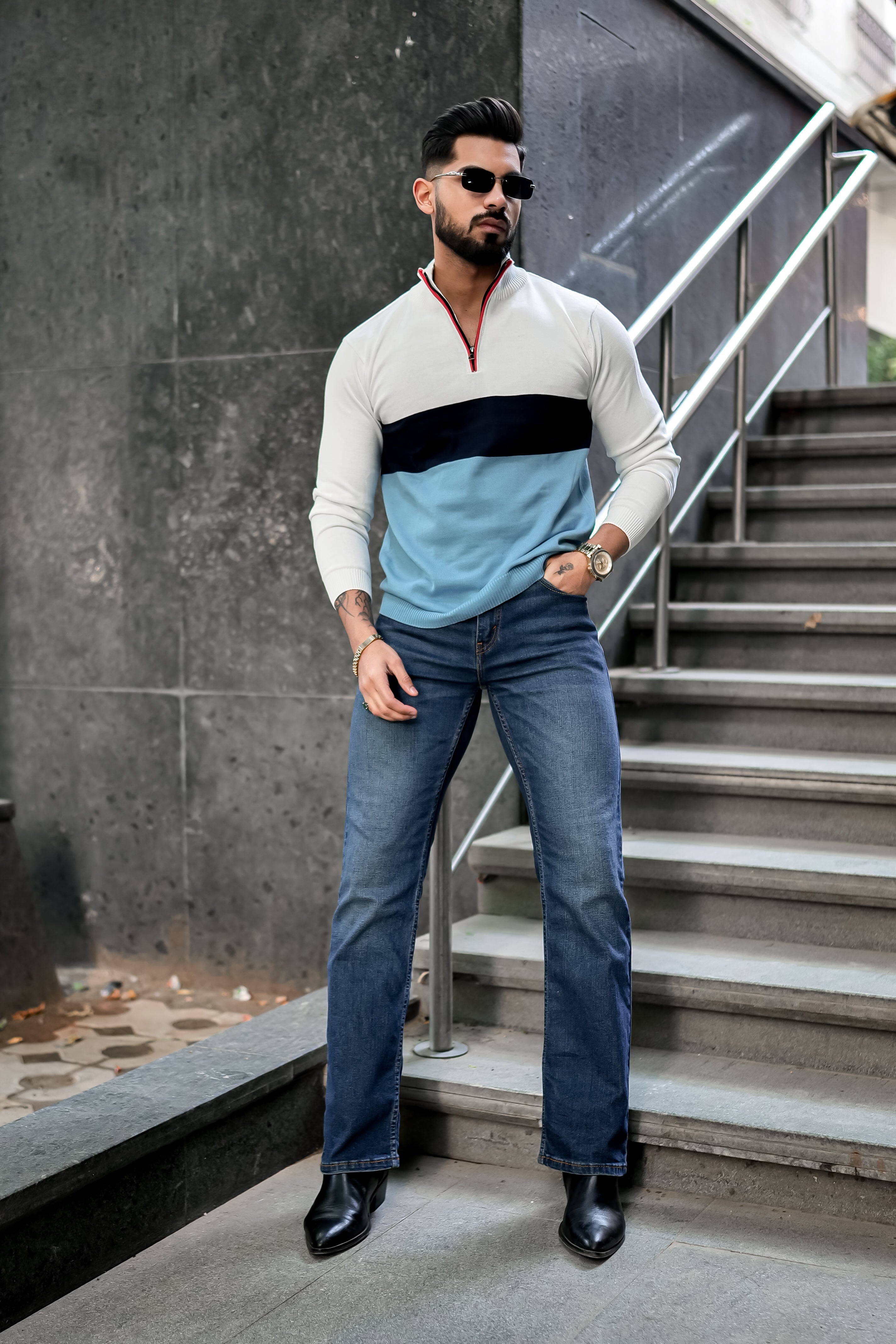 White Blue Flat Knit Zipper Polo T-shirt