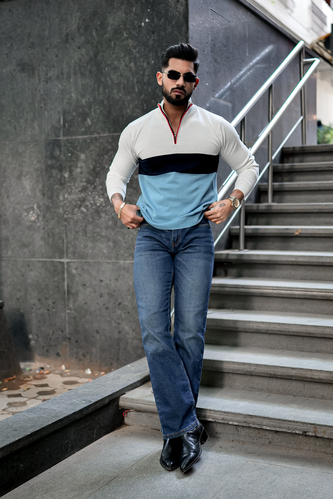 White Blue Flat Knit Zipper Polo T-shirt