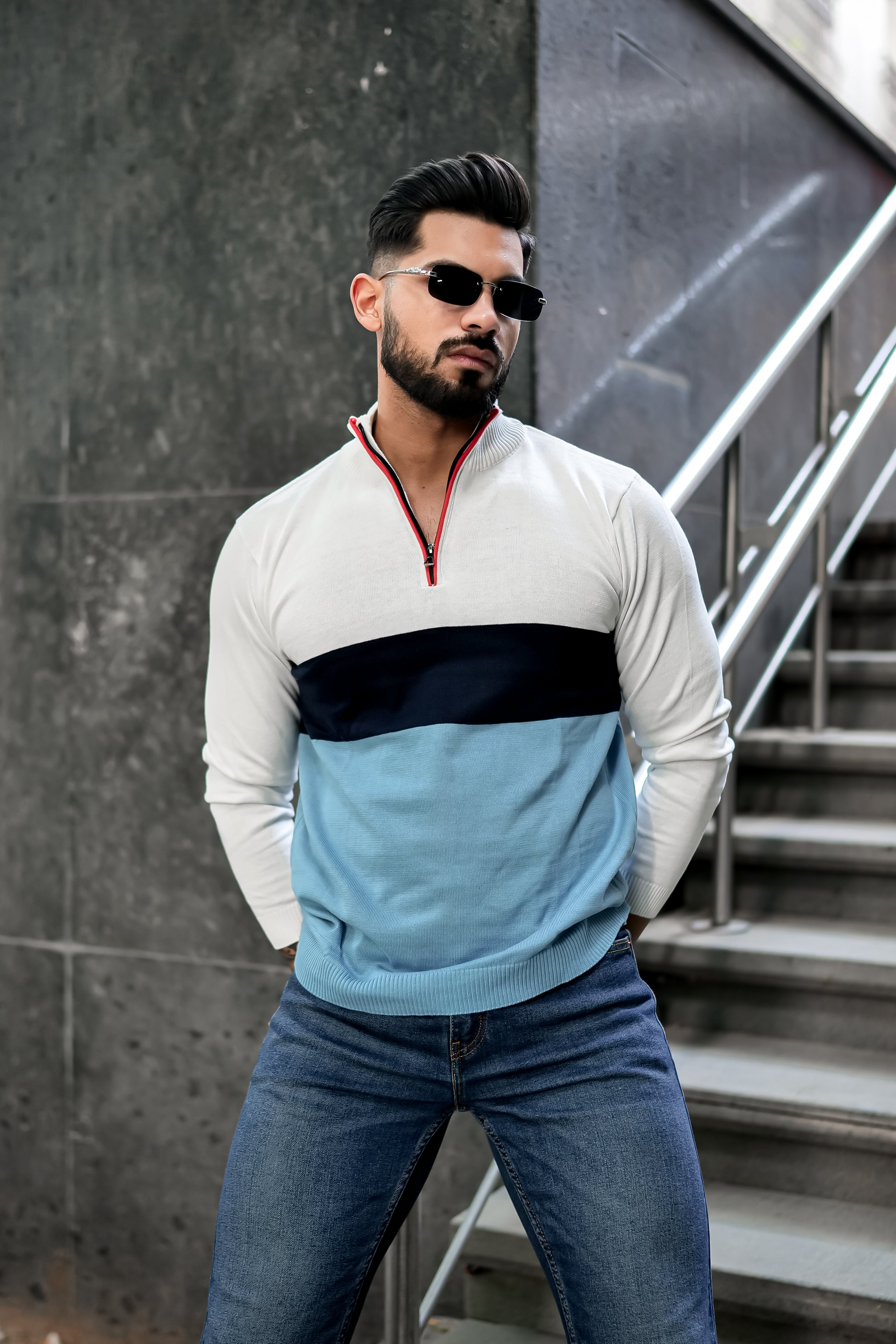 White Blue Flat Knit Zipper Polo T-shirt