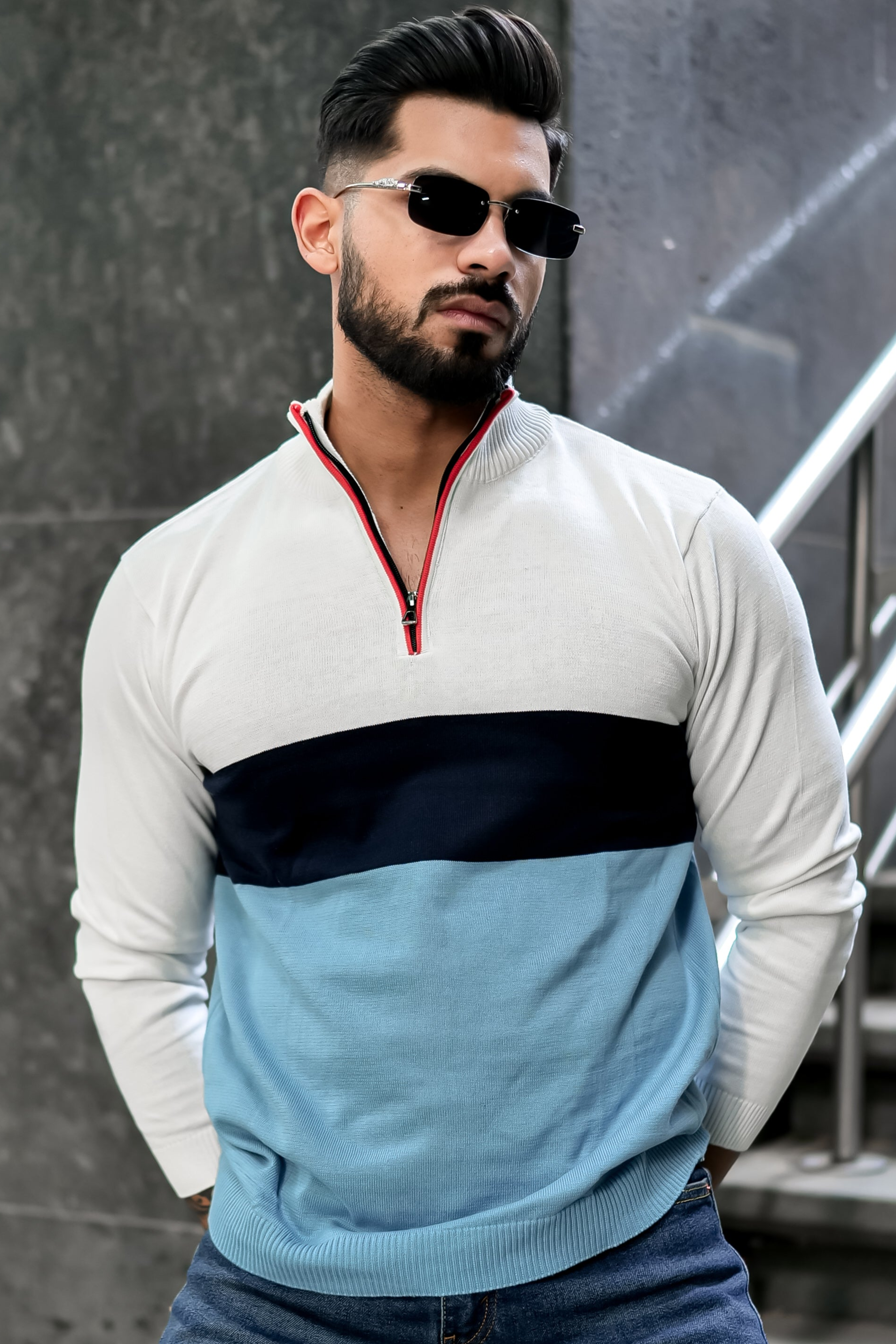 White Blue Flat Knit Zipper Polo T-shirt