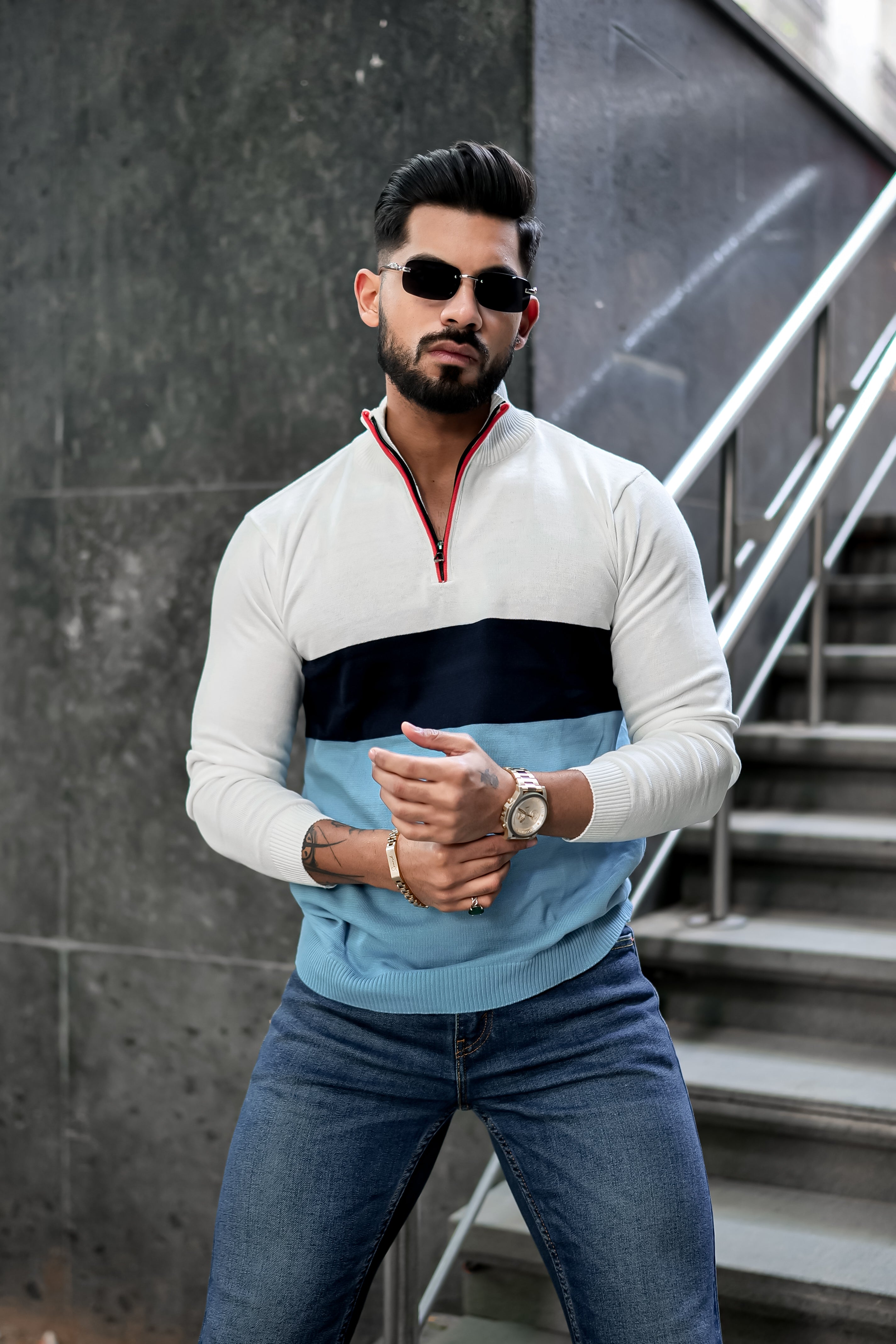 White Blue Flat Knit Zipper Polo T-shirt