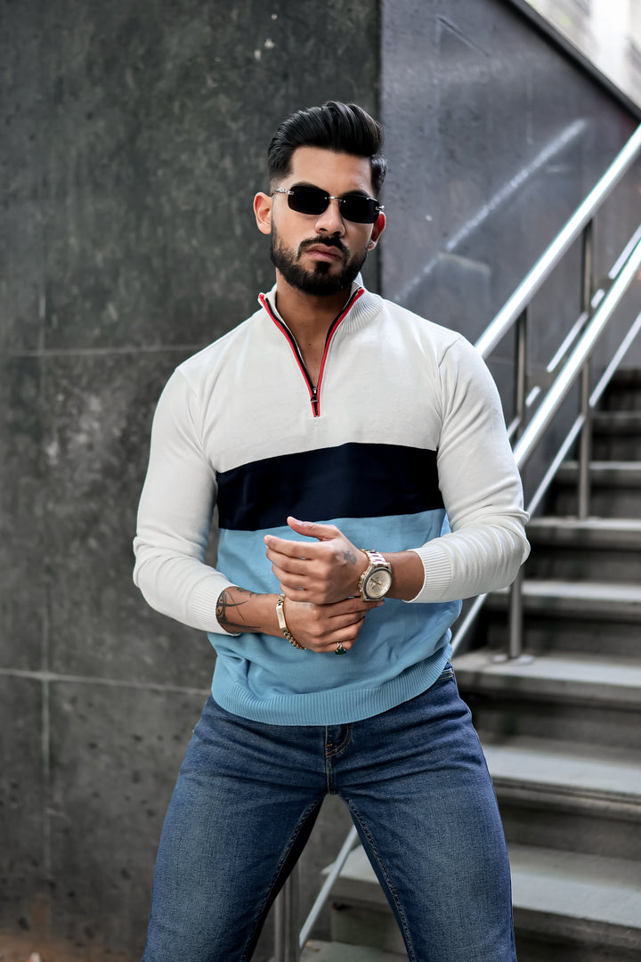 White Blue Flat Knit Zipper Polo T-shirt