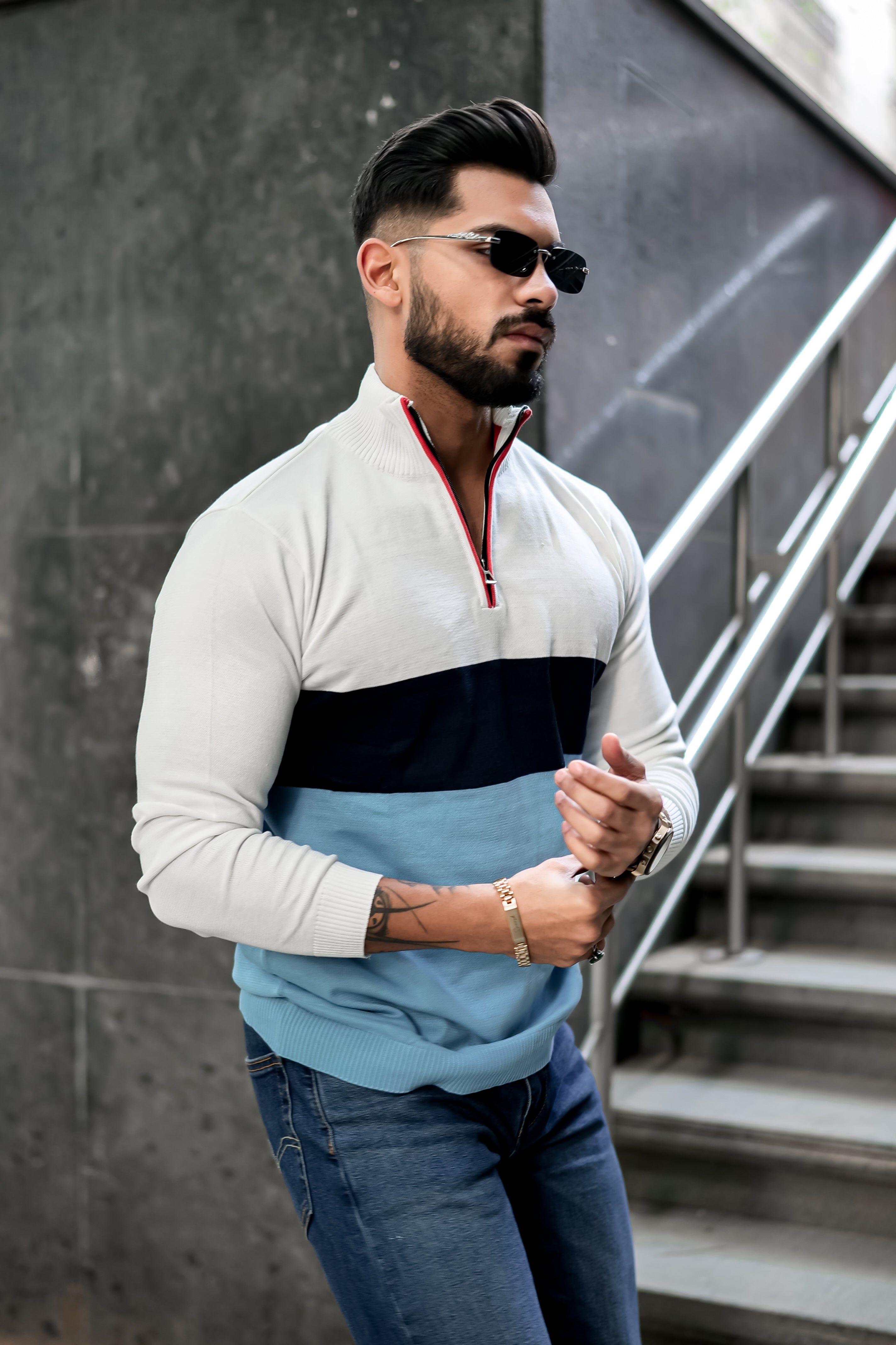 White Blue Flat Knit Zipper Polo T-shirt