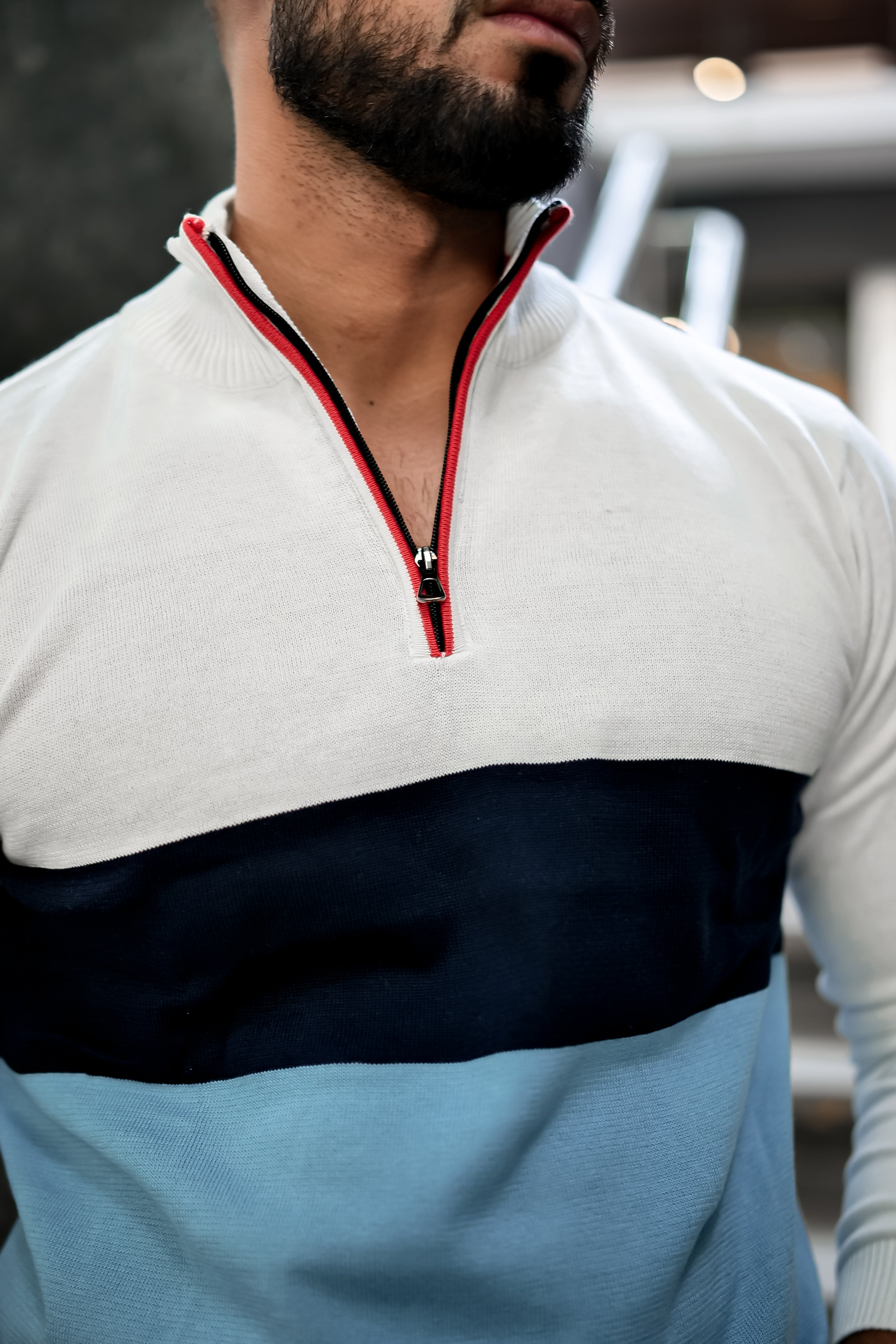 White Blue Flat Knit Zipper Polo T-shirt