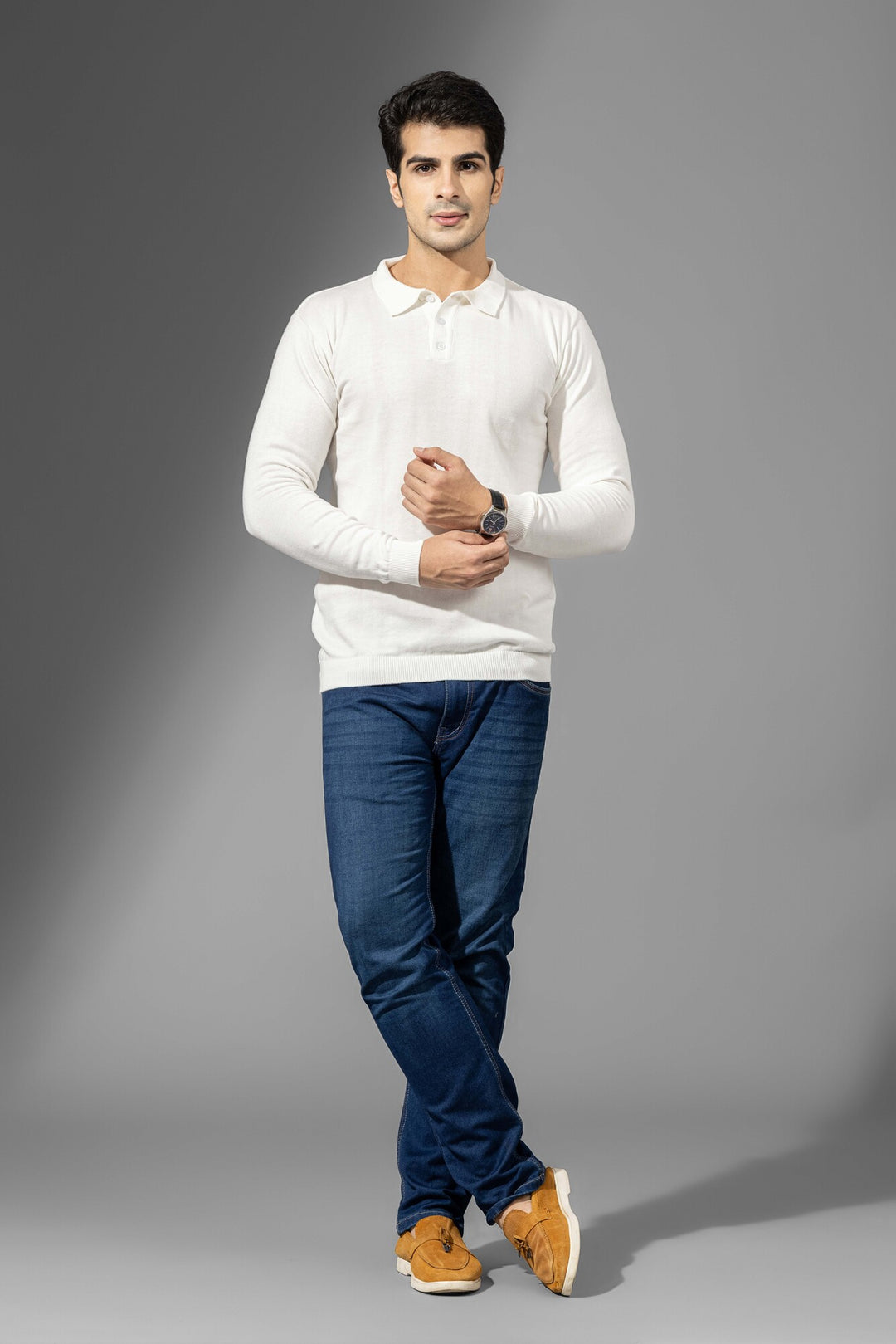 White Premium Flat Knit Polo Neck Pullover