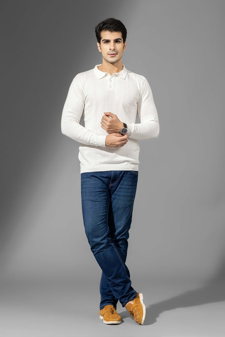 White Premium Flat Knit Polo Neck Pullover
