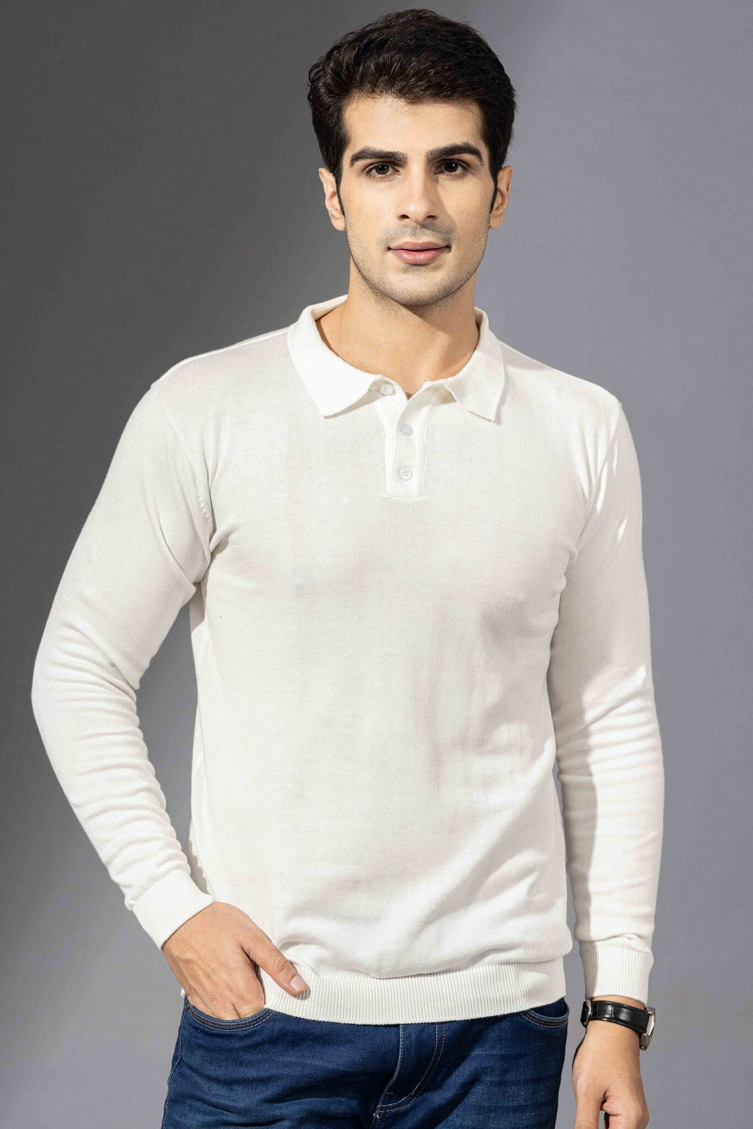 White Premium Flat Knit Polo Neck Pullover