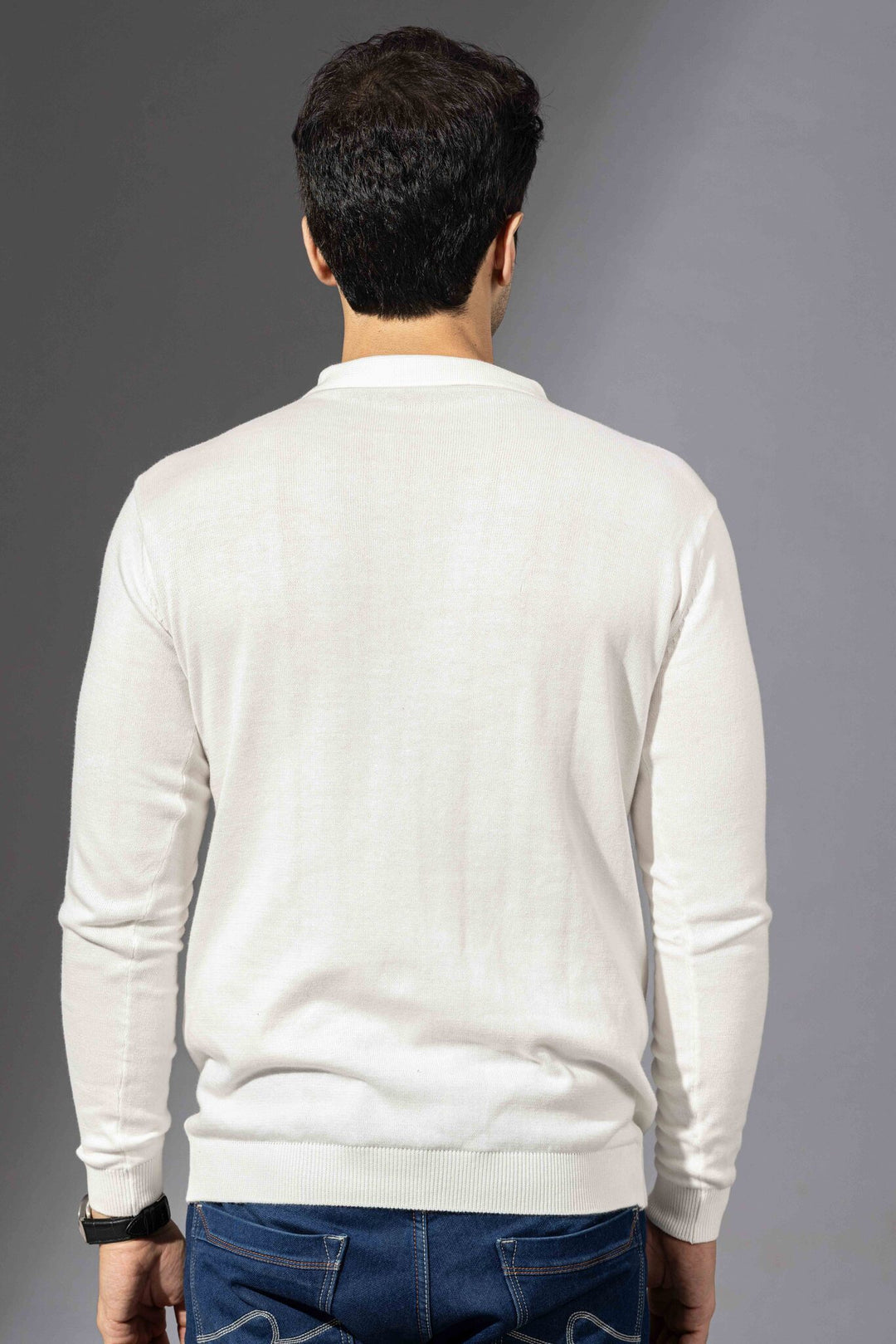White Premium Flat Knit Polo Neck Pullover