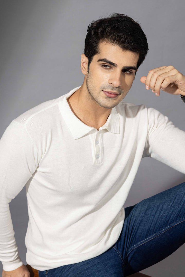 White Premium Flat Knit Polo Neck Pullover