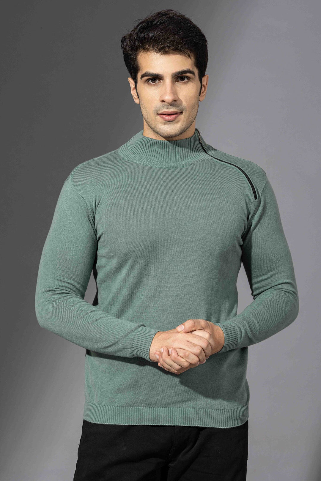 Green Flatknit Zipper Pullover