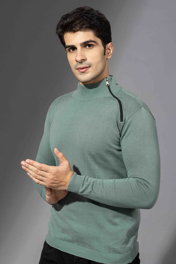 Green Flatknit Zipper Pullover