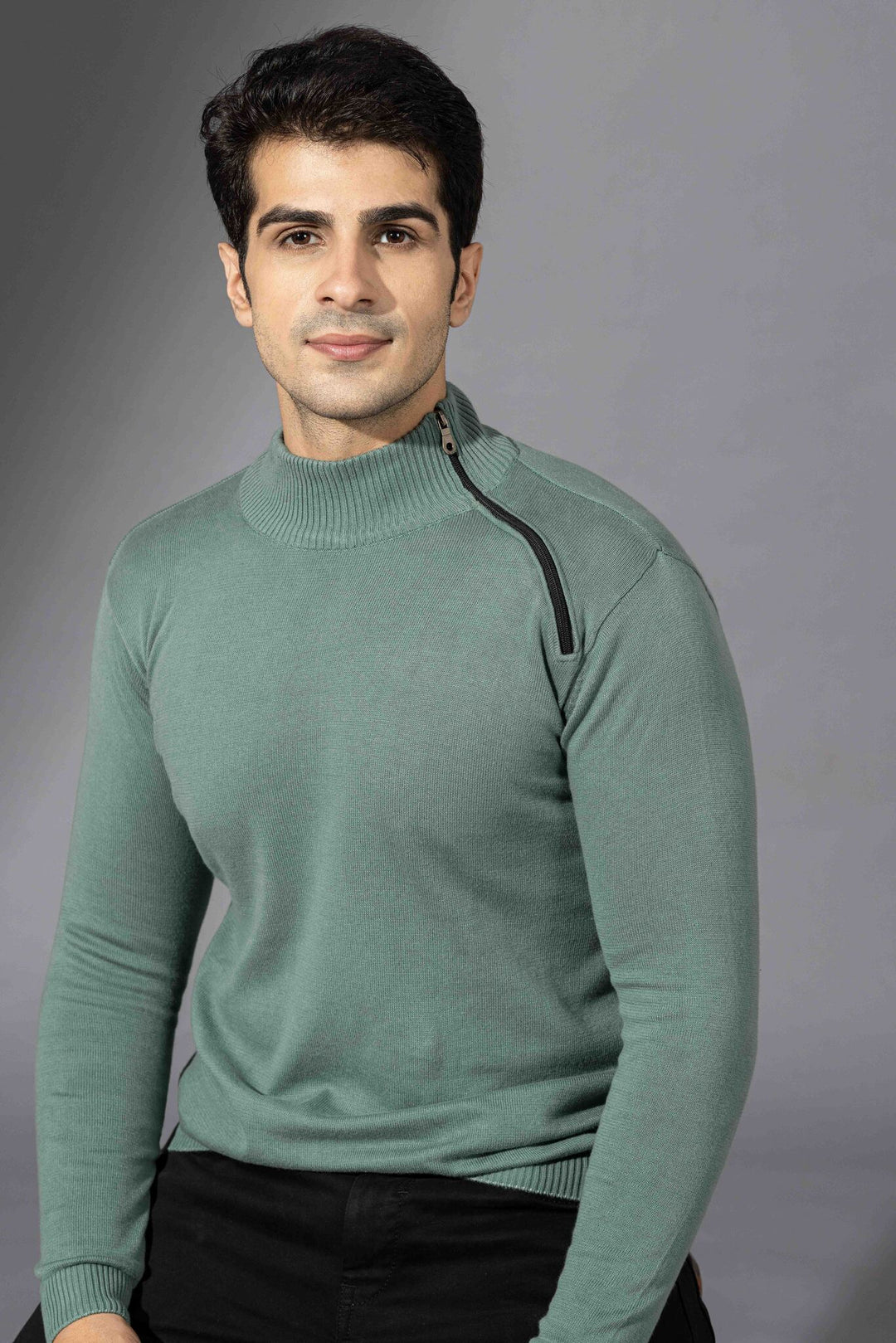 Green Flatknit Zipper Pullover