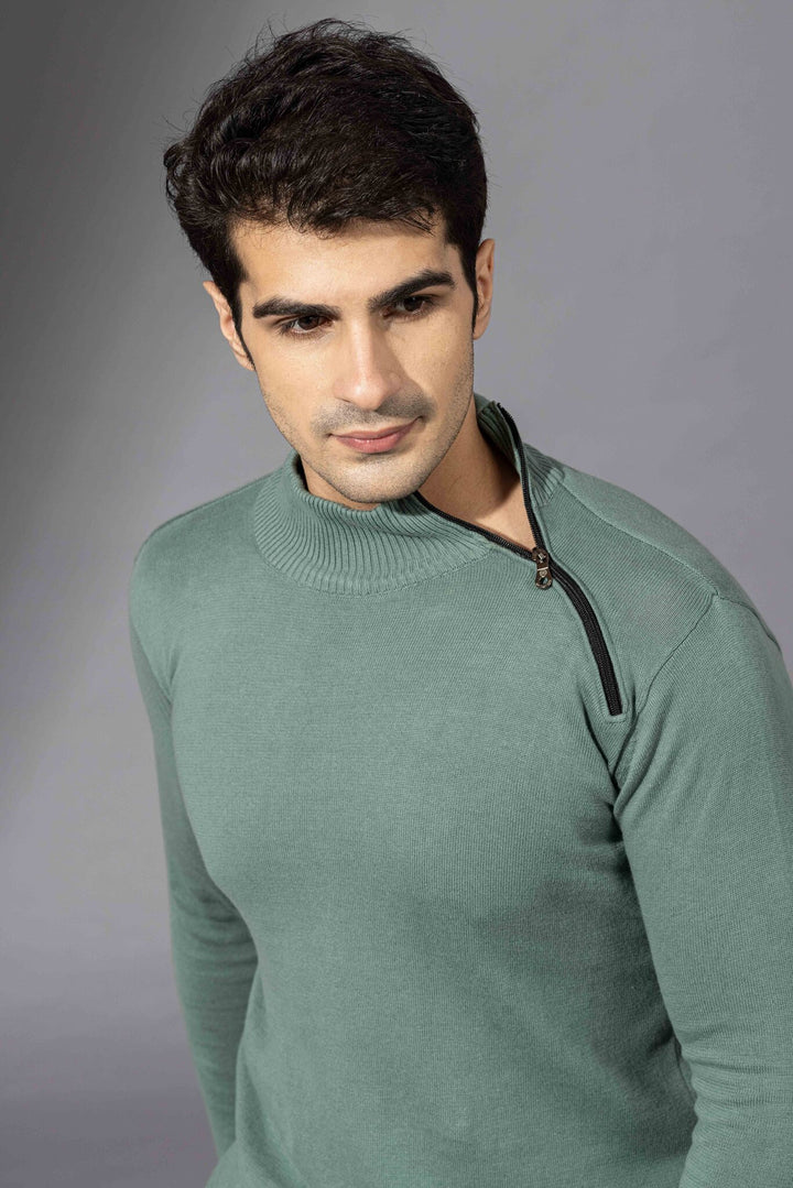 Green Flatknit Zipper Pullover