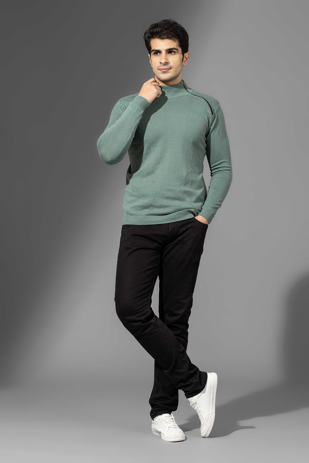 Green Flatknit Zipper Pullover