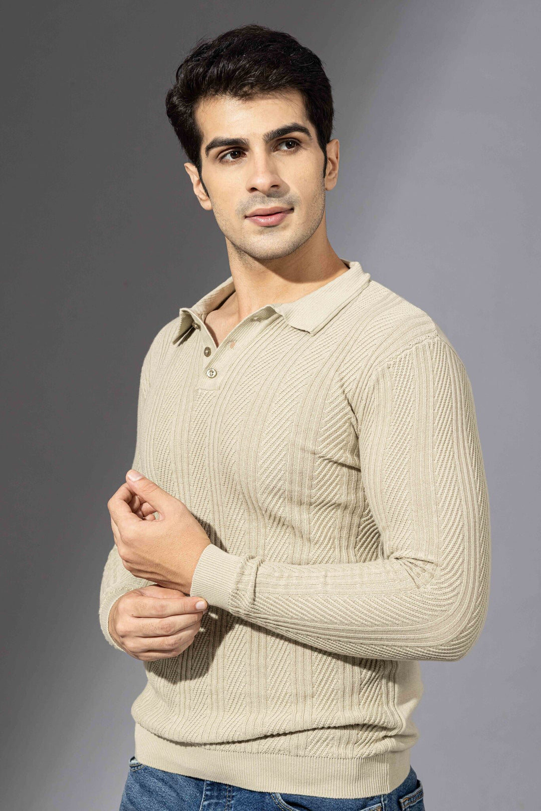 Cream Premium Flat Knit Polo Neck Pullover