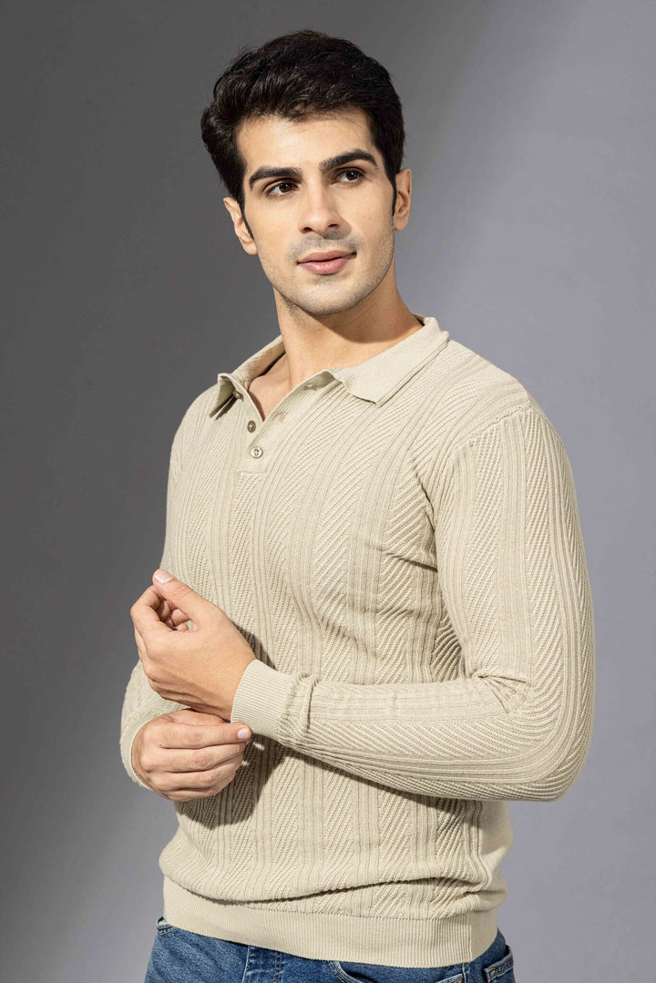 Cream Premium Flat Knit Polo Neck Pullover