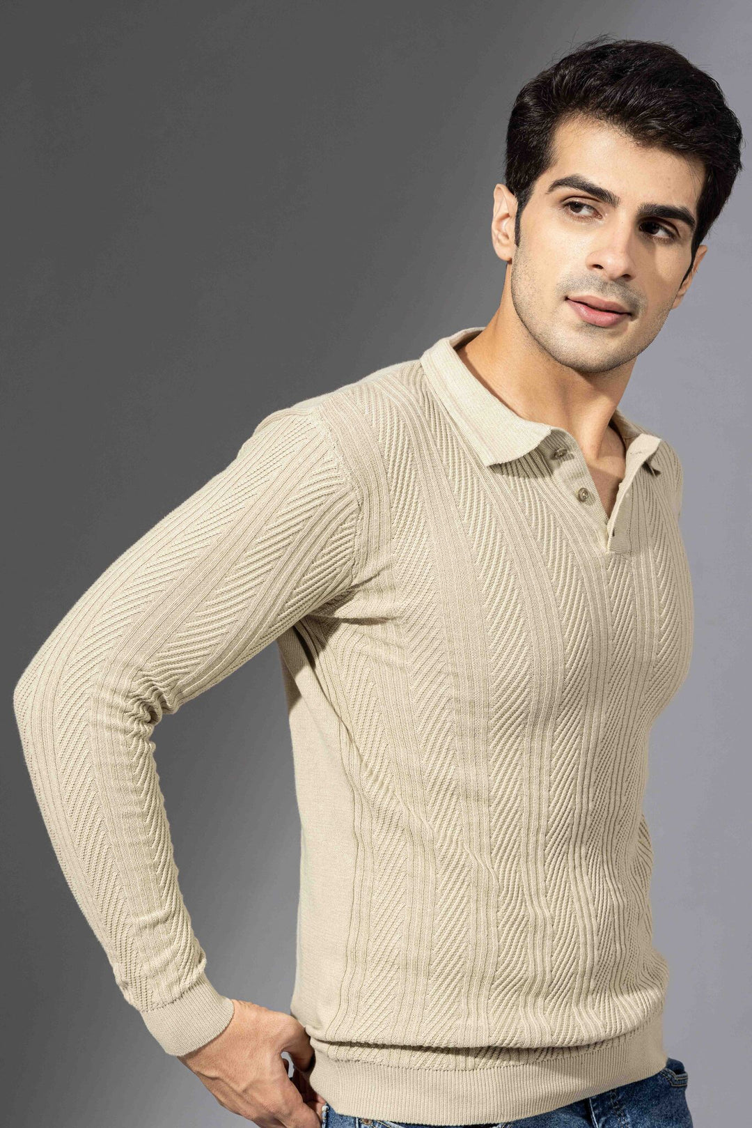 Cream Premium Flat Knit Polo Neck Pullover