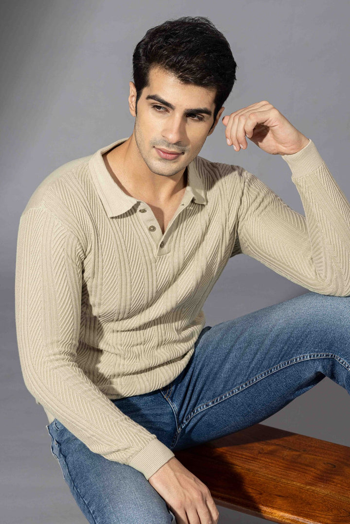 Cream Premium Flat Knit Polo Neck Pullover