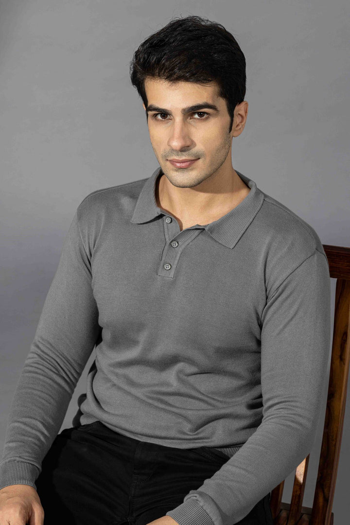 Grey Premium Flat Knit Polo T-Shirt