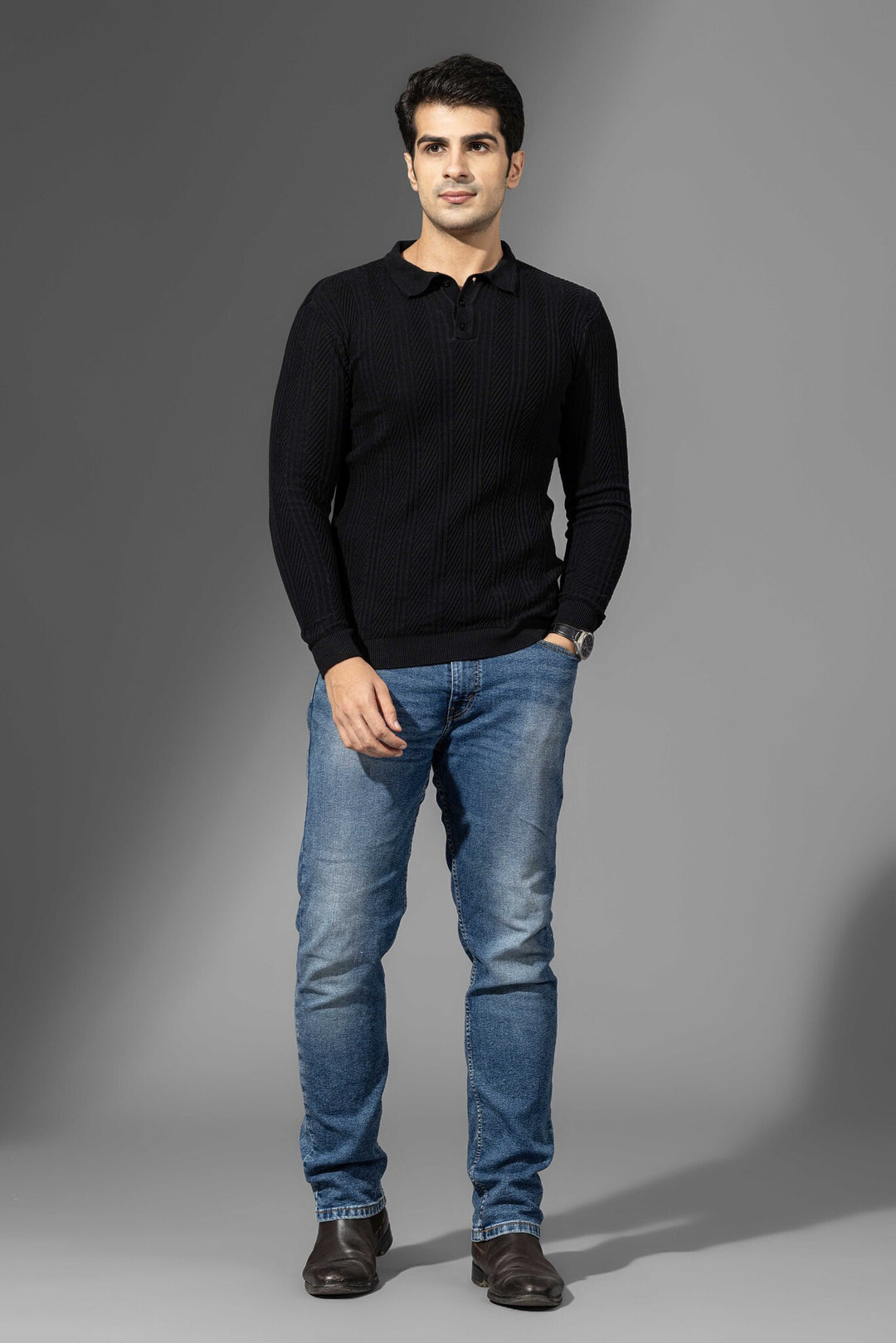 Black Flat Knit Premium Polo Neck Pullover