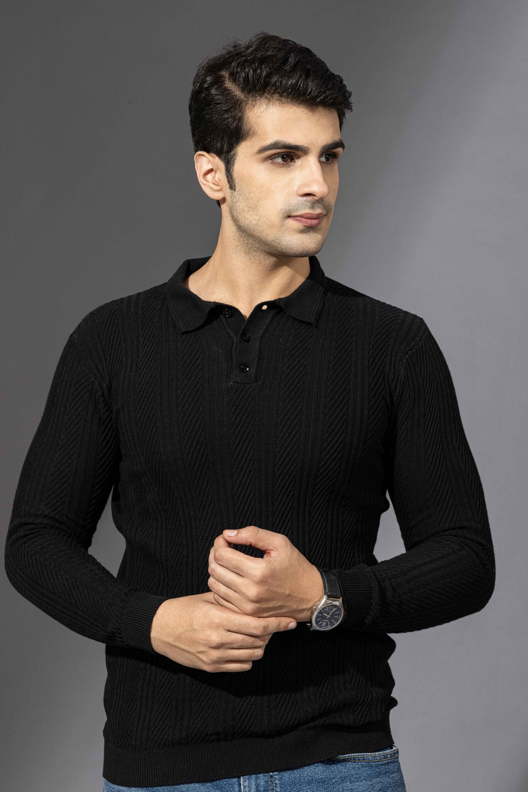 Black Flat Knit Premium Polo Neck Pullover