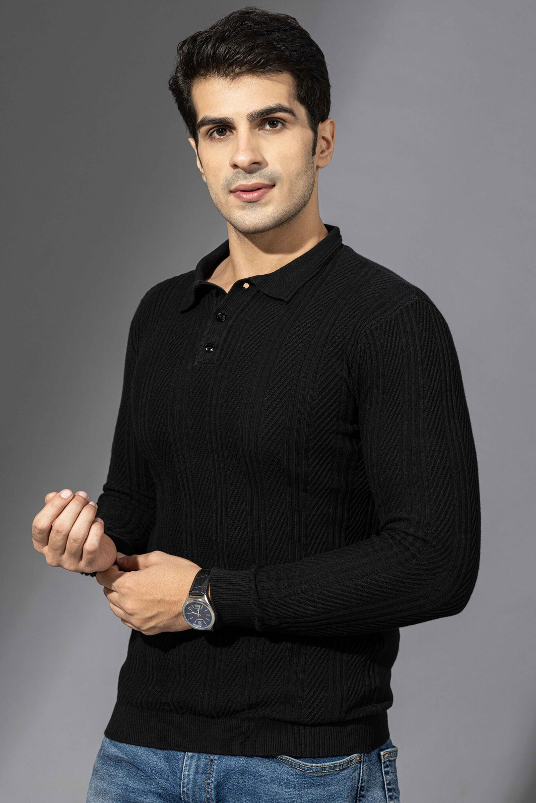 Black Flat Knit Premium Polo Neck Pullover