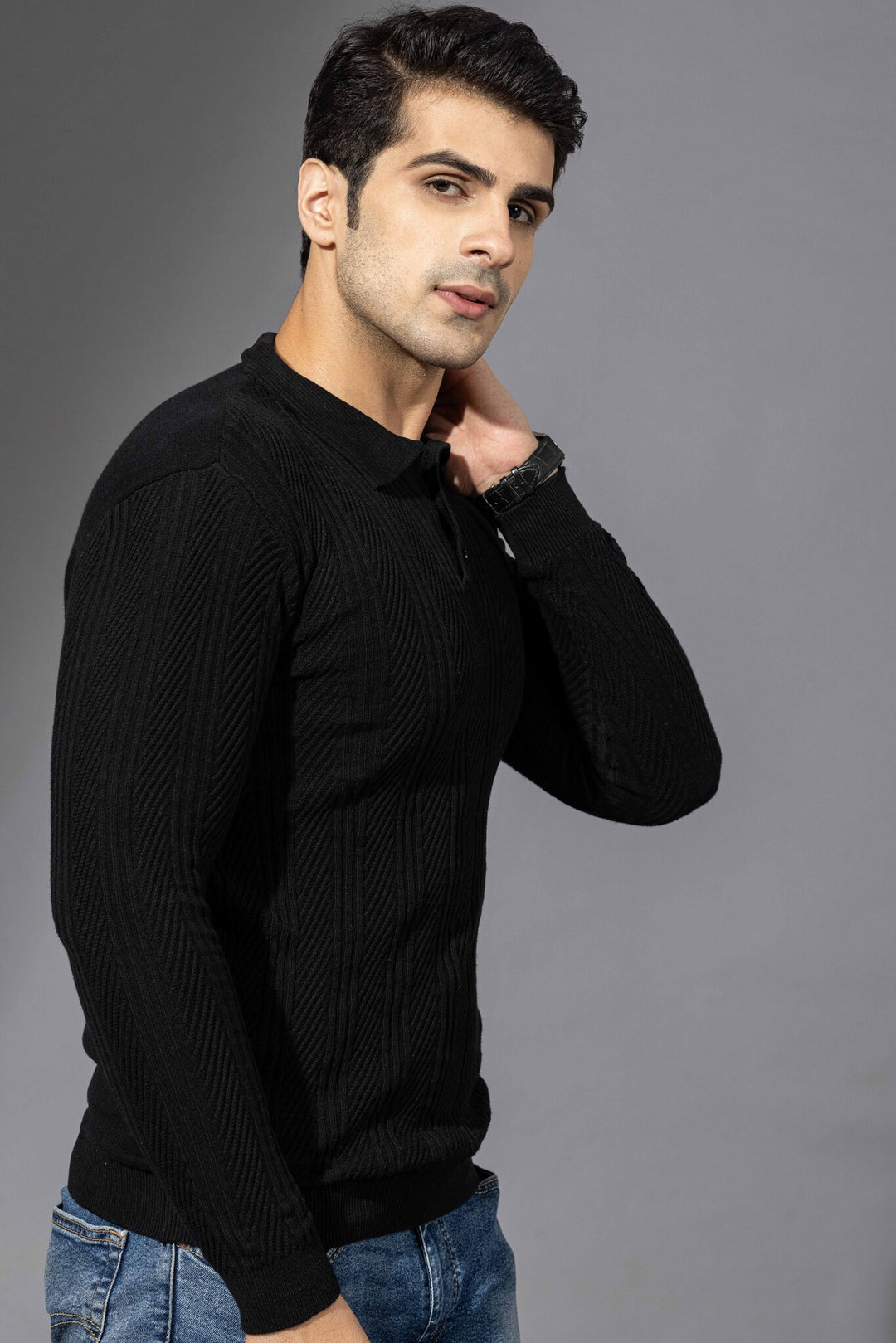 Black Flat Knit Premium Polo Neck Pullover