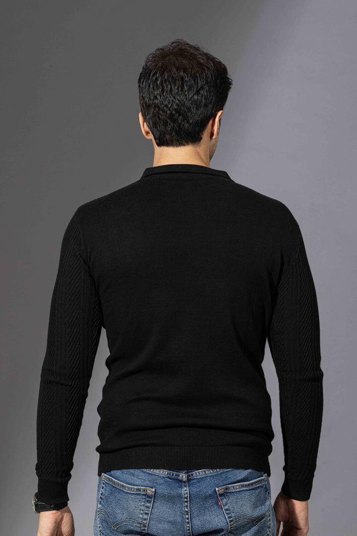 Black Flat Knit Premium Polo Neck Pullover