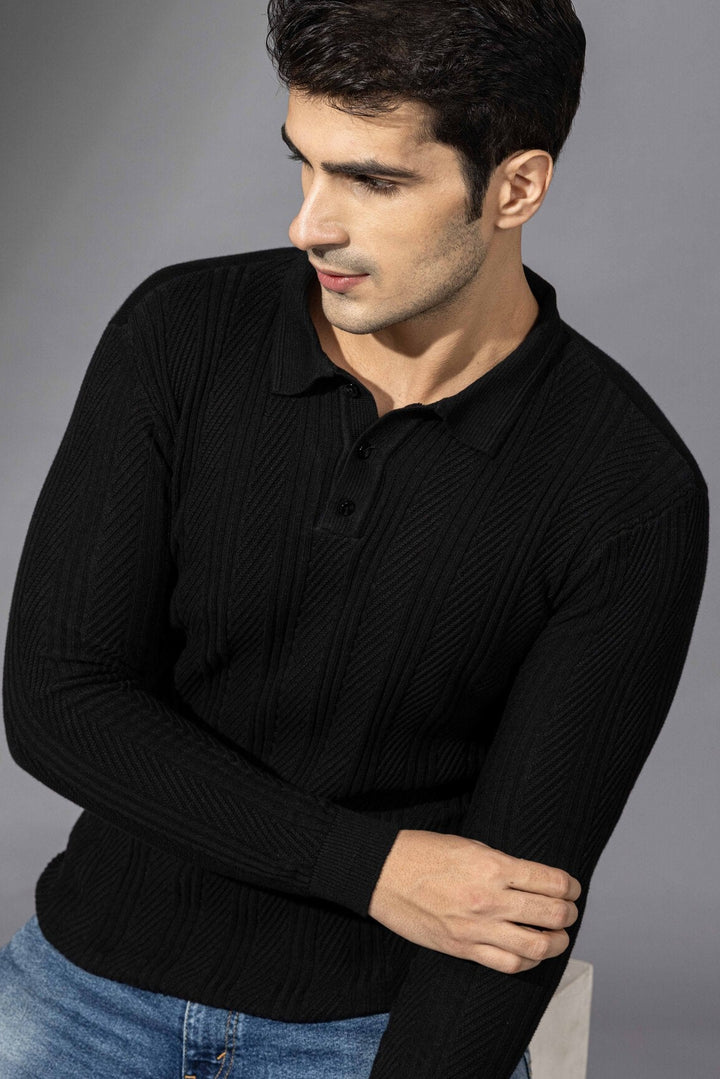 Black Flat Knit Premium Polo Neck Pullover