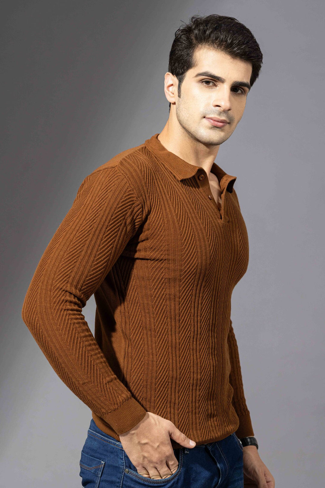Brown Full Premium Flat Knit Poloneck Pullover
