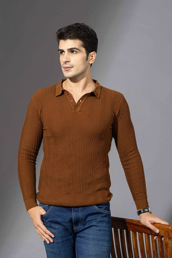 Brown Full Premium Flat Knit Poloneck Pullover