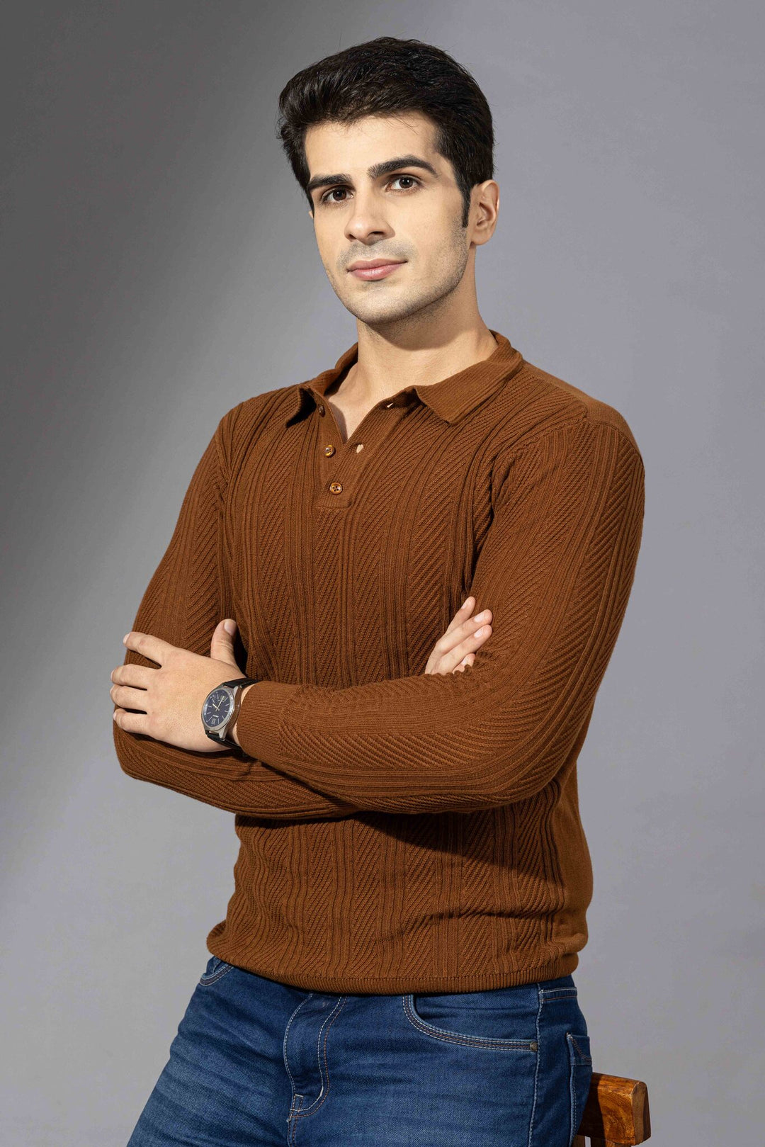 Brown Full Premium Flat Knit Poloneck Pullover