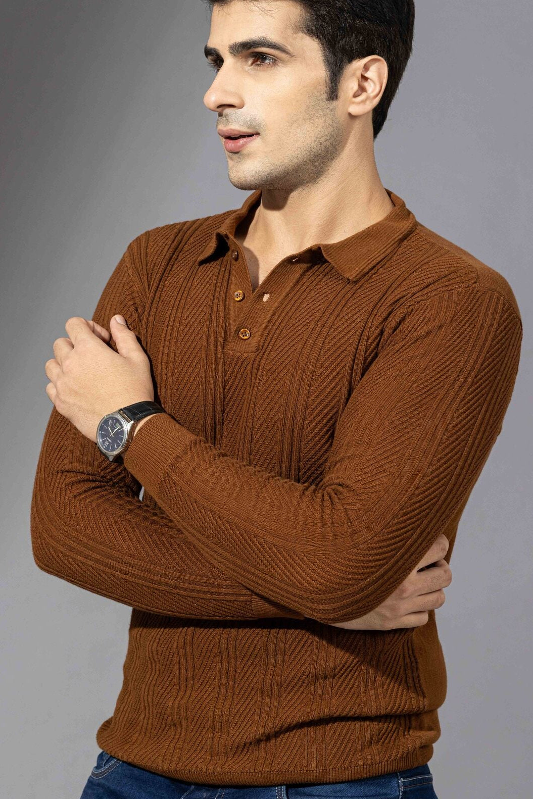 Brown Full Premium Flat Knit Poloneck Pullover
