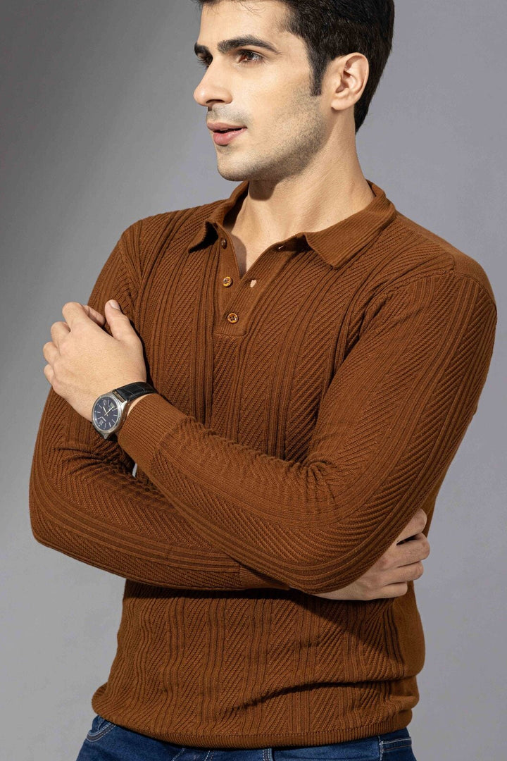 Brown Full Premium Flat Knit Poloneck Pullover