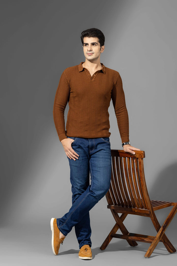 Brown Full Premium Flat Knit Poloneck Pullover