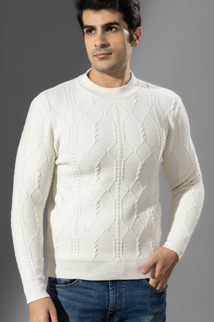 White Self Design Sweater