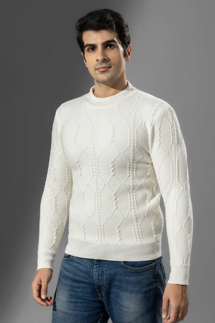 White Self Design Sweater