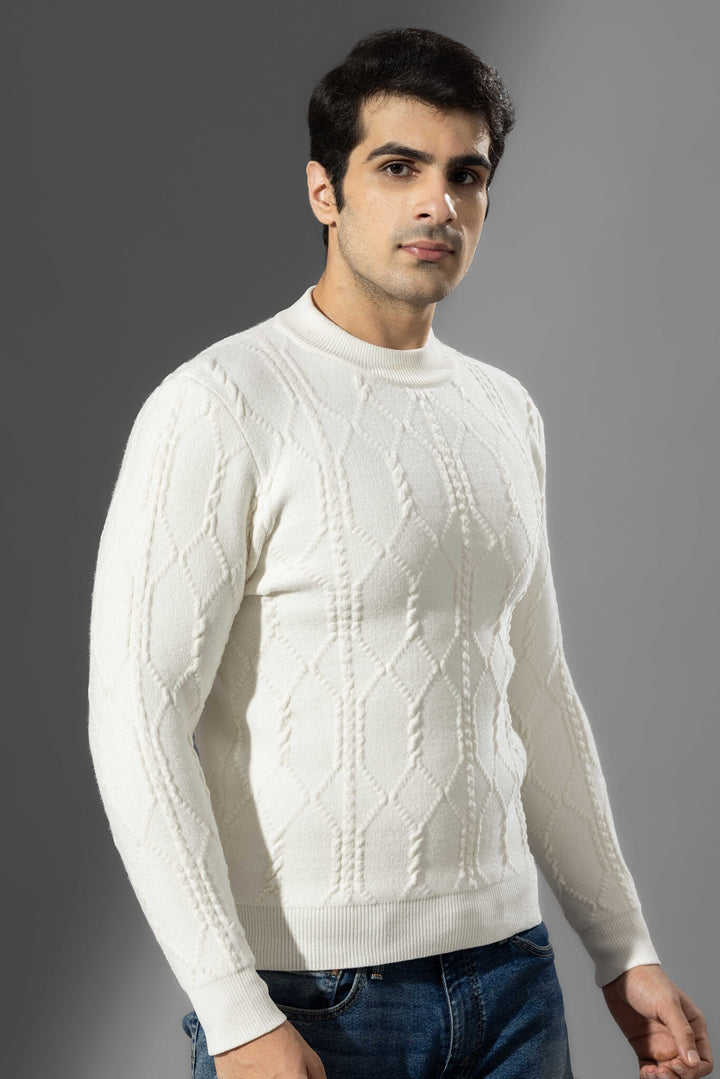White Self Design Sweater
