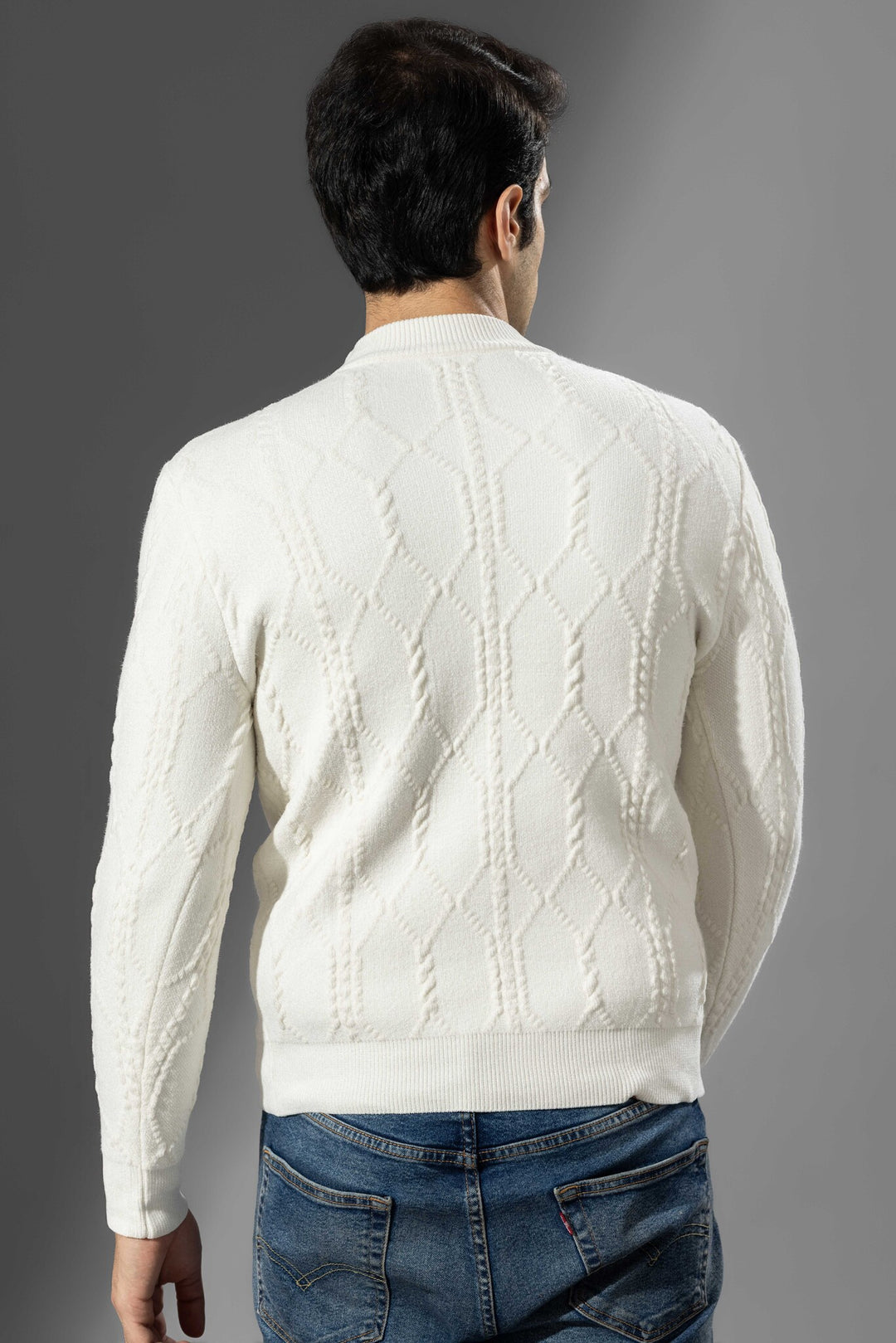 White Self Design Sweater