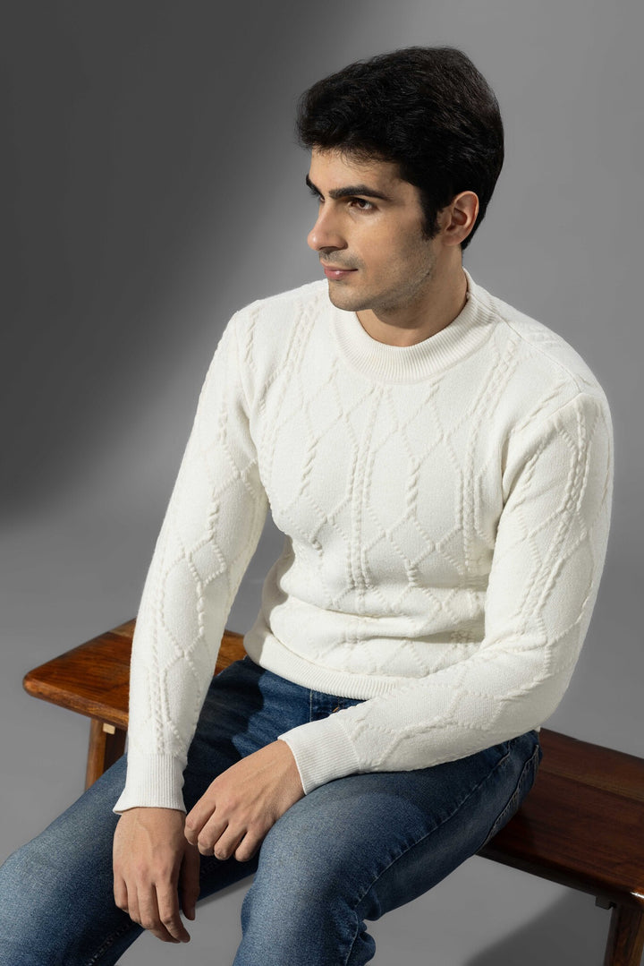 White Self Design Sweater