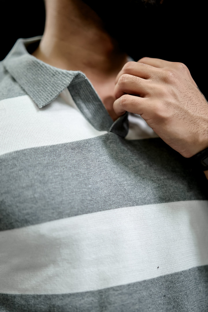 Grey White Flat Knit Pullover T-Shirt