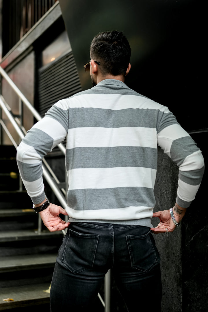 Grey White Flat Knit Pullover T-Shirt