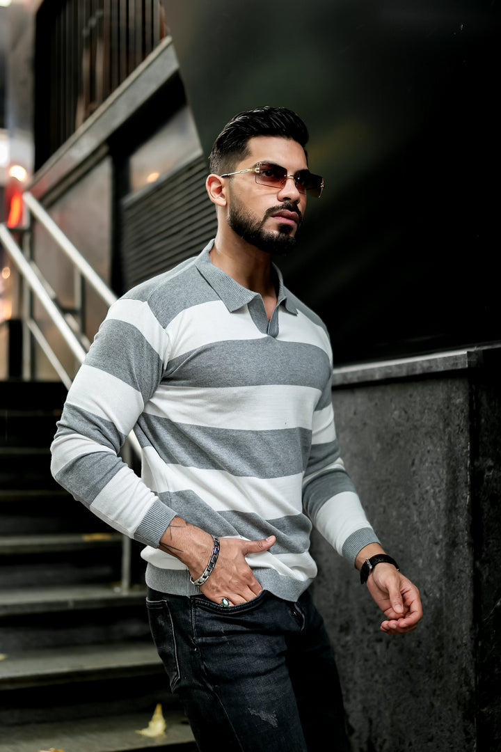 Grey White Flat Knit Pullover T-Shirt